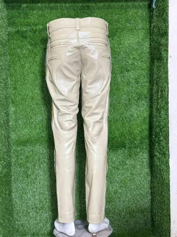 Men’s Beige Real Leather Pants with Blue & Yellow Side Stripes | Handmade Biker Trousers | Club wear, Bold Street Fashion Special Person