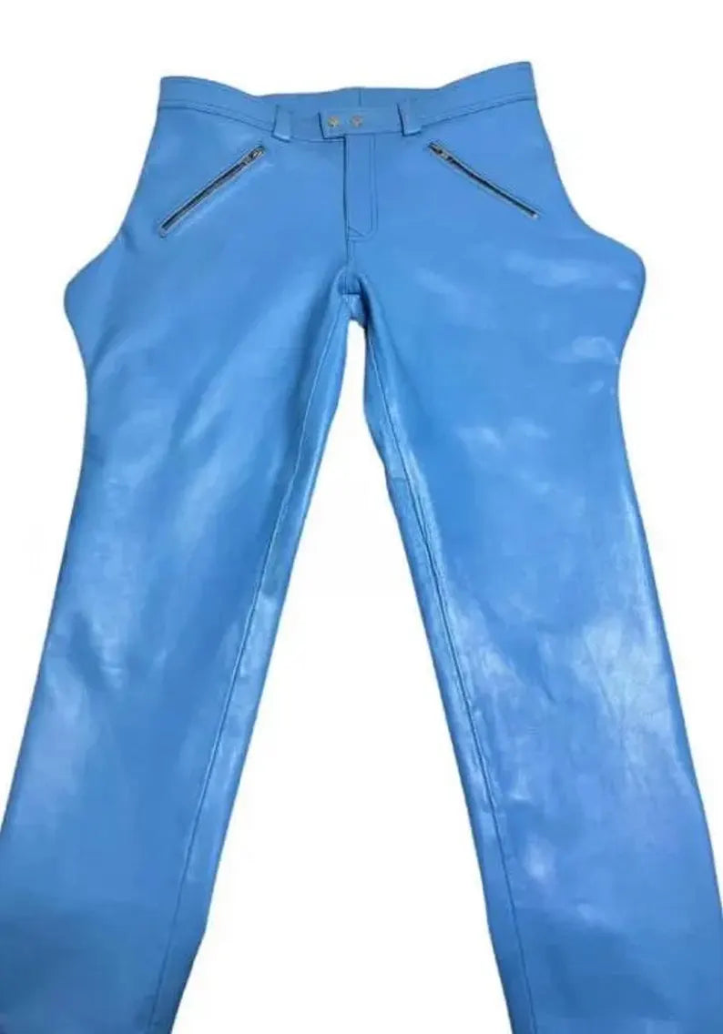 Men’s Genuine Cowhide Leather Sky Blue Police Style Biker Breeches | Uniform-Inspired Pants