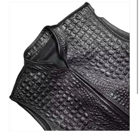 Men’s Motorcycle Vest – Handcrafted Gator Embossed Cowhide Leather | Crocodile Pattern Biker Waistcoat | Hand-Braided Crocodile Leather Vest