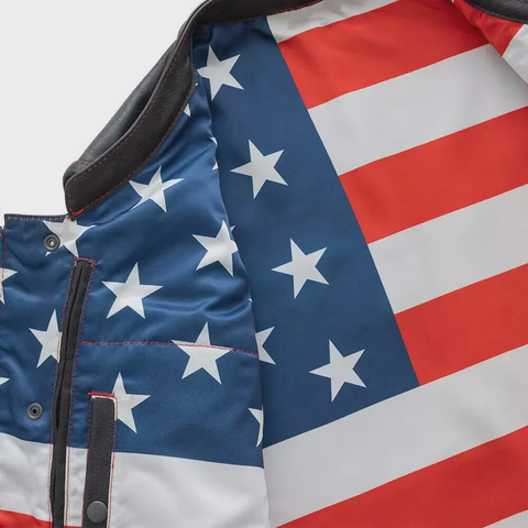 Men's Black Cowhide Leather Vest Clubwear Motorcycle Vest USA Flag Inner Biker Waistcoat