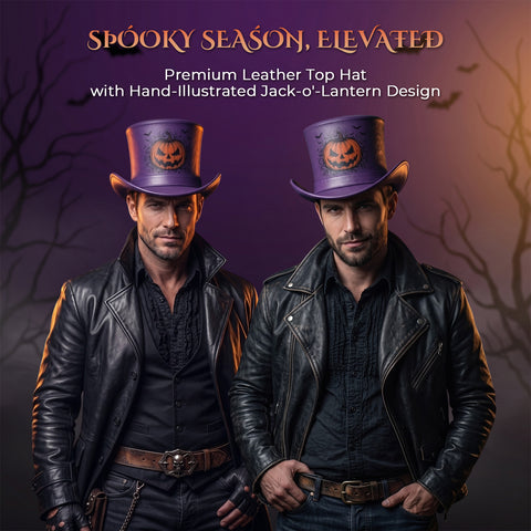 Purple Halloween Leather Top Hat | Spooky Pumpkin & Bats Costume Hat
