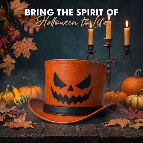 Unisex Genuine Leather Halloween Top Hat - Orange Pumpkin Jack O'Lantern