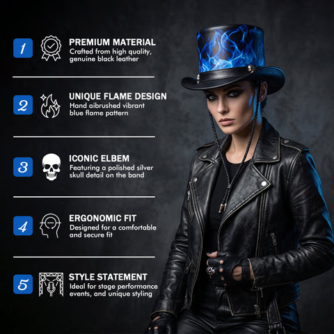 Handmade Black Leather Top Hat, Blue Flame Skull Steampunk Biker Headwear