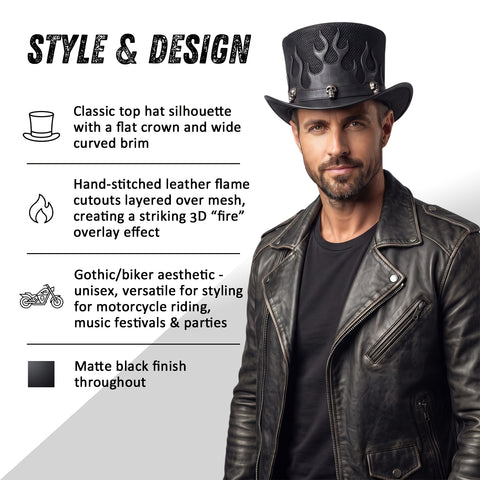 Biker Flame Leather Top Hat Fire Cutouts, Breathable Mesh Crown & Silver Skull Studs