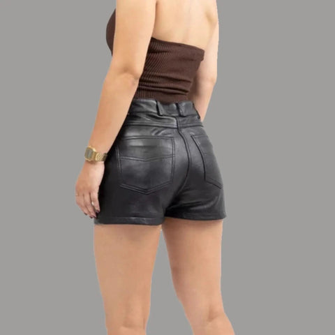 Women’s High-Waisted Leather Lace-Up Mini Shorts Bodycon Hot Pants Front Button Zip Fly Edgy Clubwear Festival Style