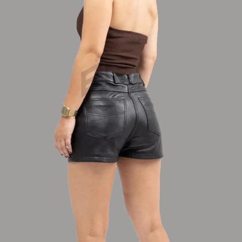 Women's Black Lamb Leather Shorts – Edgy Street wear with Side Laces, High-Waisted Fit, and Bold Urban Appeal