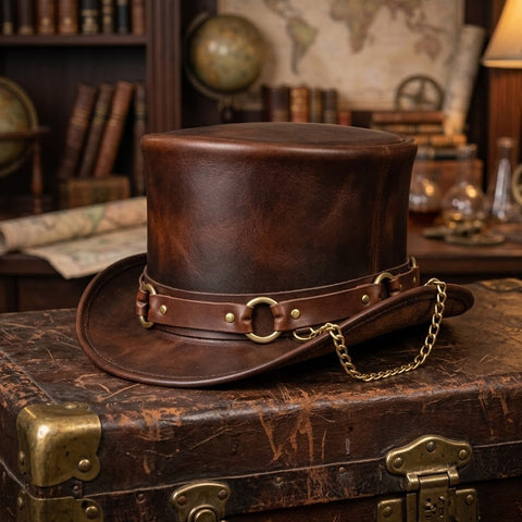 Handcrafted Steampunk Genuine Leather Brown Top Hat, Gothic Western Cosplay Costume Hat