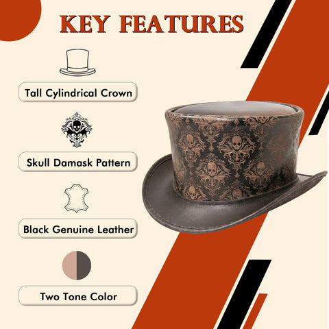 Leather Skull Engraved Top Hat, Steampunk Gothic Hat