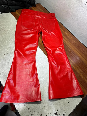 Men's Red Cowhide Leather Bell Bottom Pants – Gothic Flare Trousers, Retro 70s Style Biker Clubwear, Punk Rock Festival Outfit