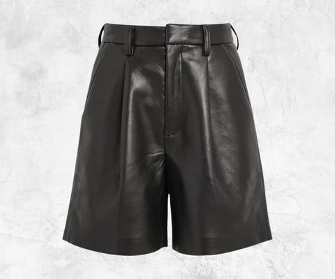 Women's Black Leather Shorts – Pleated Front Design, High-Waisted Biker Style with Functional Pockets, Chic & Edgy Streetwear Look