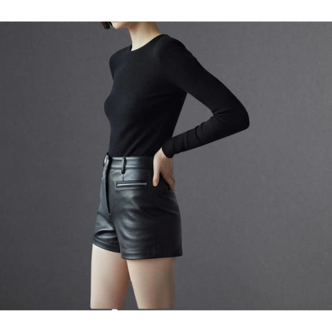 Women’s High Waisted Leather Mini Shorts with Zipper Pockets Button Fly Sleek Sexy Hot Pants Clubwear Festival Style