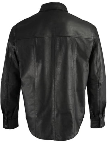 Men's Black Lightweight Snap Front Casual Biker Leather Shirt - Medium