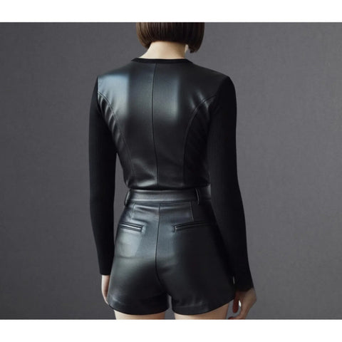 Women’s High Waisted Leather Mini Shorts with Zipper Pockets Button Fly Sleek Sexy Hot Pants Clubwear Festival Style