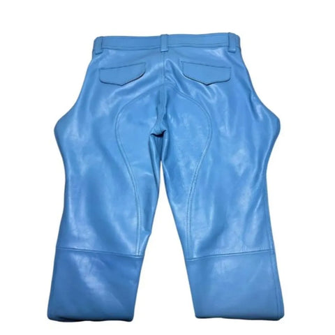 Men’s Sky Blue Genuine Cowhide Leather Biker Breeches – Uniform Style Riding Pants
