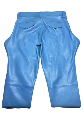 Men’s Genuine Cowhide Leather Sky Blue Police Style Biker Breeches | Uniform-Inspired Pants