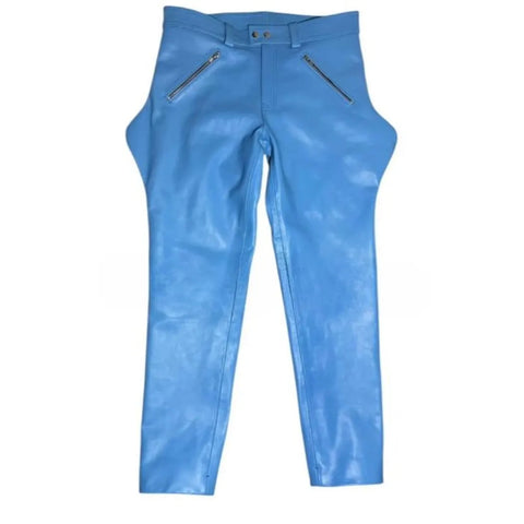 Men’s Sky Blue Genuine Cowhide Leather Biker Breeches – Uniform Style Riding Pants