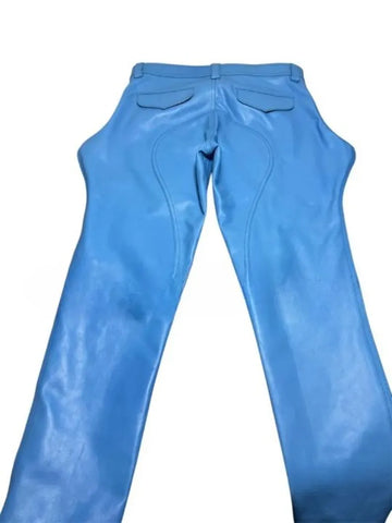 Men’s Genuine Cowhide Leather Sky Blue Police Style Biker Breeches | Uniform-Inspired Pants