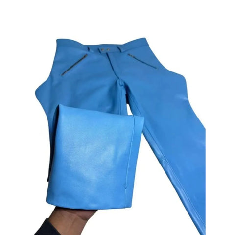 Men’s Sky Blue Genuine Cowhide Leather Biker Breeches – Uniform Style Riding Pants