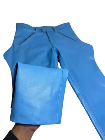 Men’s Genuine Cowhide Leather Sky Blue Police Style Biker Breeches | Uniform-Inspired Pants