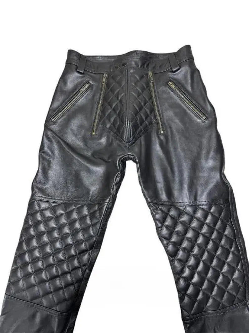 Men's Real Cowhide Leather Quilted Biker Pants | Open Front Bold Clubwear | Unique Fetish Style Trousers,