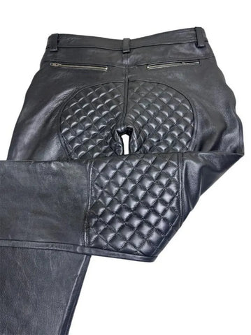 Men's Real Cowhide Leather Quilted Biker Pants | Open Front Bold Clubwear | Unique Fetish Style Trousers,