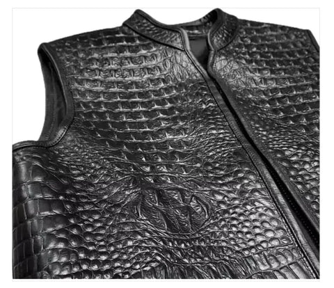 Men’s Motorcycle Vest – Handcrafted Gator Embossed Cowhide Leather | Crocodile Pattern Biker Waistcoat | Hand-Braided Crocodile Leather Vest