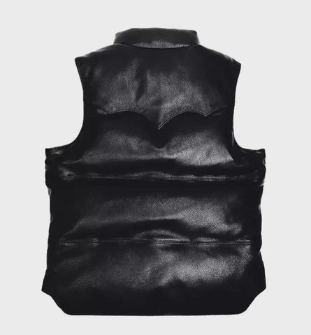 Men's Cowhide  Leather Puffer Motorcycle Vest Casual Fashion Waistcoat