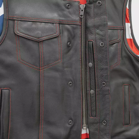 Men's Black Cowhide Leather Vest Clubwear Motorcycle Vest USA Flag Inner Biker Waistcoat