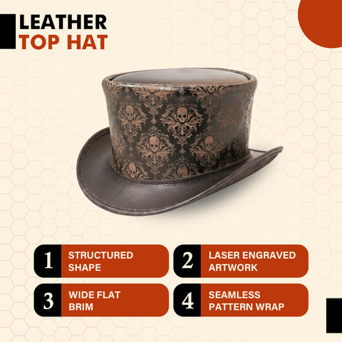 Leather Skull Engraved Top Hat, Steampunk Gothic Hat