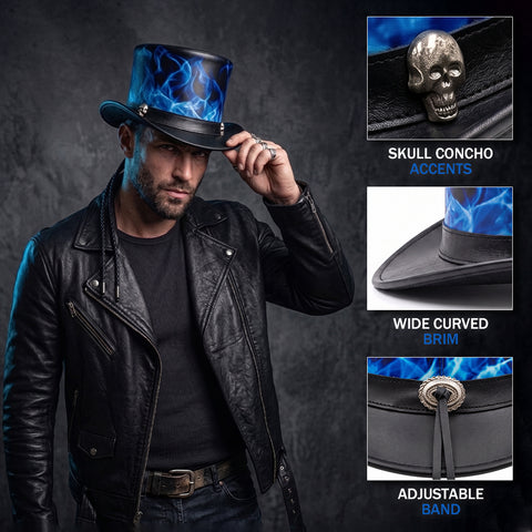 Handmade Black Leather Top Hat, Blue Flame Skull Steampunk Biker Headwear