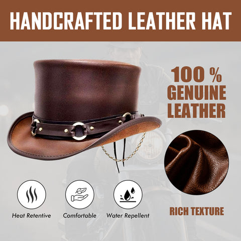 Handcrafted Steampunk Genuine Leather Brown Top Hat, Gothic Western Cosplay Costume Hat