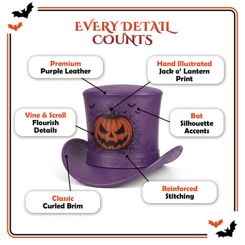 Purple Halloween Leather Top Hat | Spooky Pumpkin & Bats Costume Hat