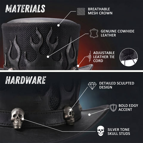 Biker Flame Leather Top Hat Fire Cutouts, Breathable Mesh Crown & Silver Skull Studs