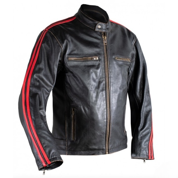 mens black leather motorcycle jacket with red racing stripes biker riding gear cafe racer protective stylish moto streetwear coat