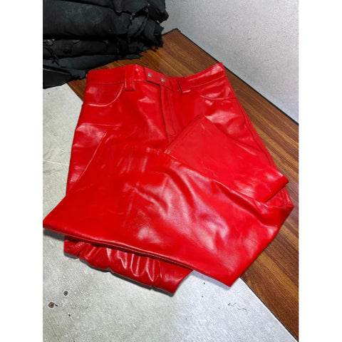 Mens Red Cowhide Leather Bell Bottom Pants – Gothic Flare Hair-On Leather Trousers for Bold Style