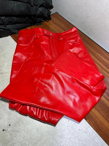 Men's Red Cowhide Leather Bell Bottom Pants – Gothic Flare Trousers, Retro 70s Style Biker Clubwear, Punk Rock Festival Outfit