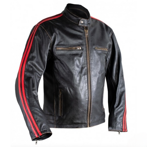 mens black leather motorcycle jacket with red racing stripes biker riding gear cafe racer protective stylish moto streetwear coat