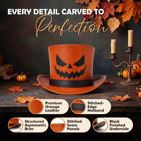Unisex Genuine Leather Halloween Top Hat - Orange Pumpkin Jack O'Lantern