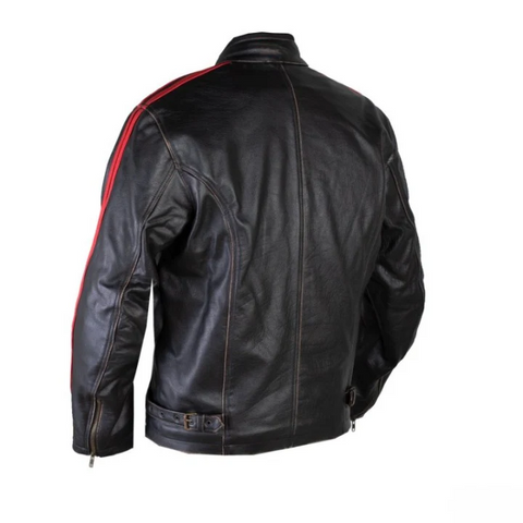 Mens black leather motorcycle jacket with red racing stripes biker riding gear cafe racer protective stylish moto streetwear coat