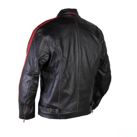 mens black leather motorcycle jacket with red racing stripes biker riding gear cafe racer protective stylish moto streetwear coat