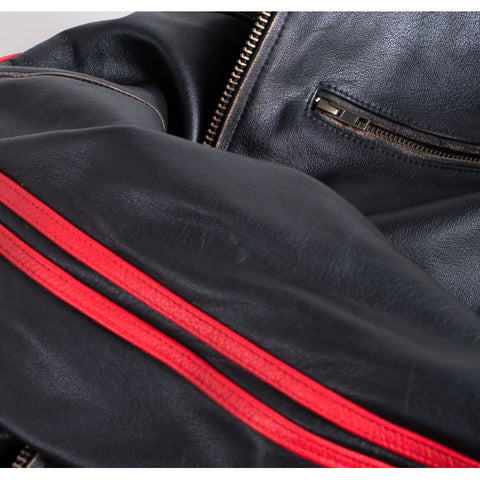 mens black leather motorcycle jacket with red racing stripes biker riding gear cafe racer protective stylish moto streetwear coat