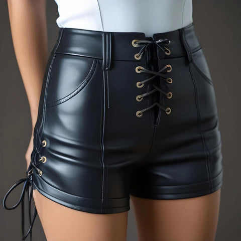 Handmade Black Genuine Leather Lace-Up Women’s Shorts – High-Waisted Soft Leather Hot Pants, Edgy Festival Streetwear Outfit