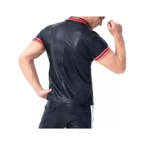 Men's Shiny Leather T-Shirt Soft Matte Short Sleeve Stylish Clubwear Biker Fashion Outfit for Men