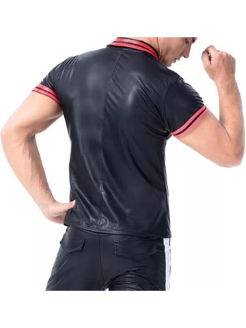 Men's Shiny Leather T-Shirt Soft Matte Short Sleeve Stylish Clubwear Biker Fashion Outfit for Men