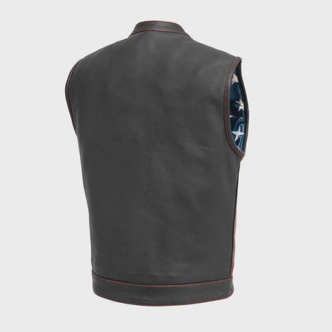 Men's Black Cowhide Leather Vest Clubwear Motorcycle Vest USA Flag Inner Biker Waistcoat