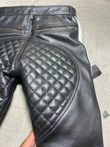 Men's Real Cowhide Leather Quilted Biker Pants | Open Front Bold Clubwear | Unique Fetish Style Trousers