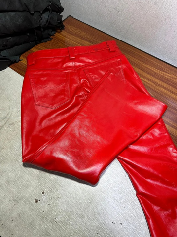 Men's Red Cowhide Leather Bell Bottom Pants – Gothic Flare Trousers, Retro 70s Style Biker Clubwear, Punk Rock Festival Outfit