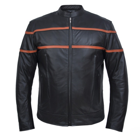 mens black leather motorcycle jacket with brown racing stripes cafe racer biker riding gear stylish protective moto streetwear coat