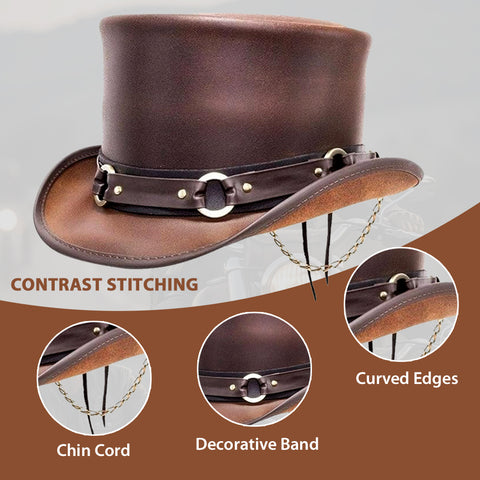 Handcrafted Steampunk Genuine Leather Brown Top Hat, Gothic Western Cosplay Costume Hat
