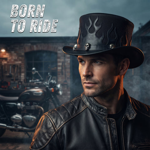 Biker Flame Leather Top Hat Fire Cutouts, Breathable Mesh Crown & Silver Skull Studs